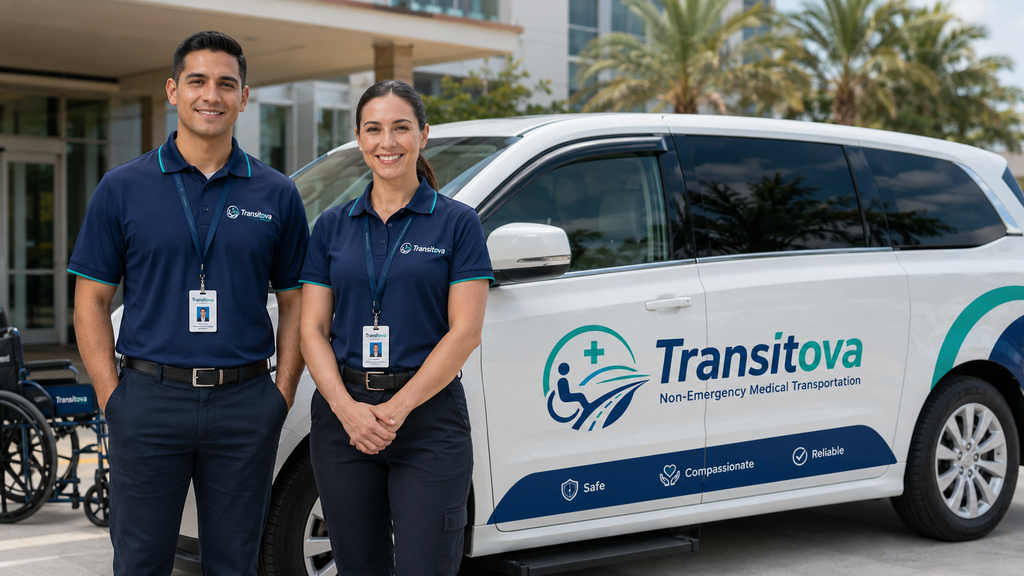 Two uniformed Transitova attendants standing by an accessible van