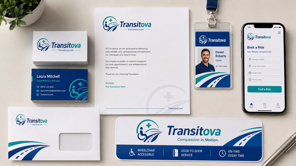 Transitova stationery and the Book-a-Ride mobile app screen