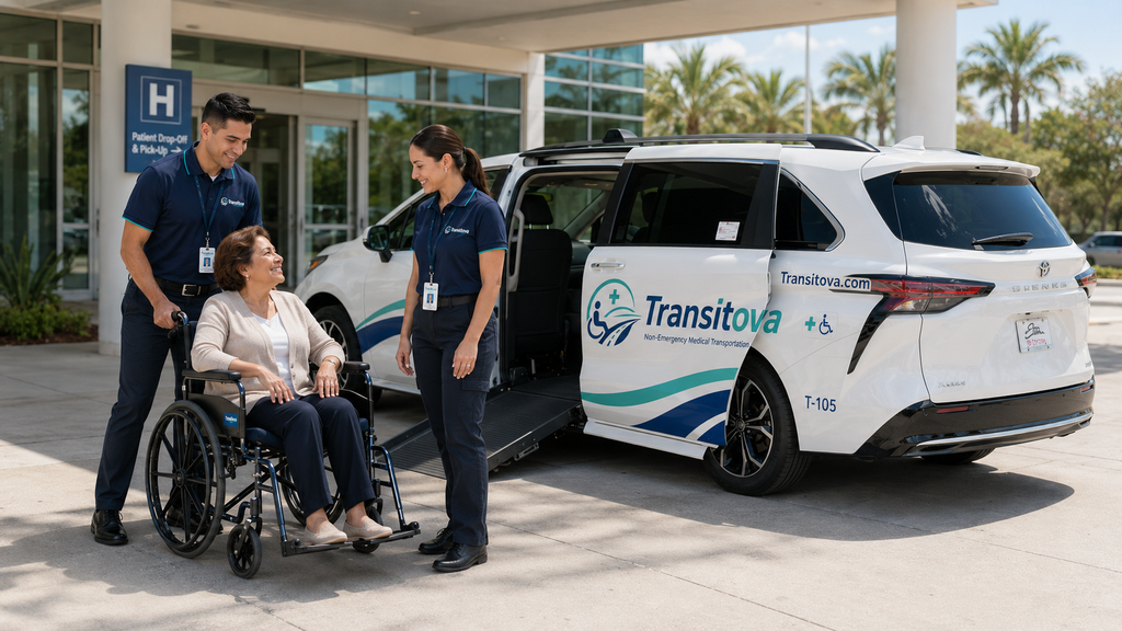 Attendants loading a wheelchair passenger via the van's rear ramp