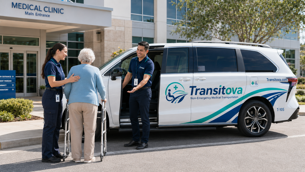 A Transitova attendant helping a senior with a walker into an accessible van at a medical clinic
