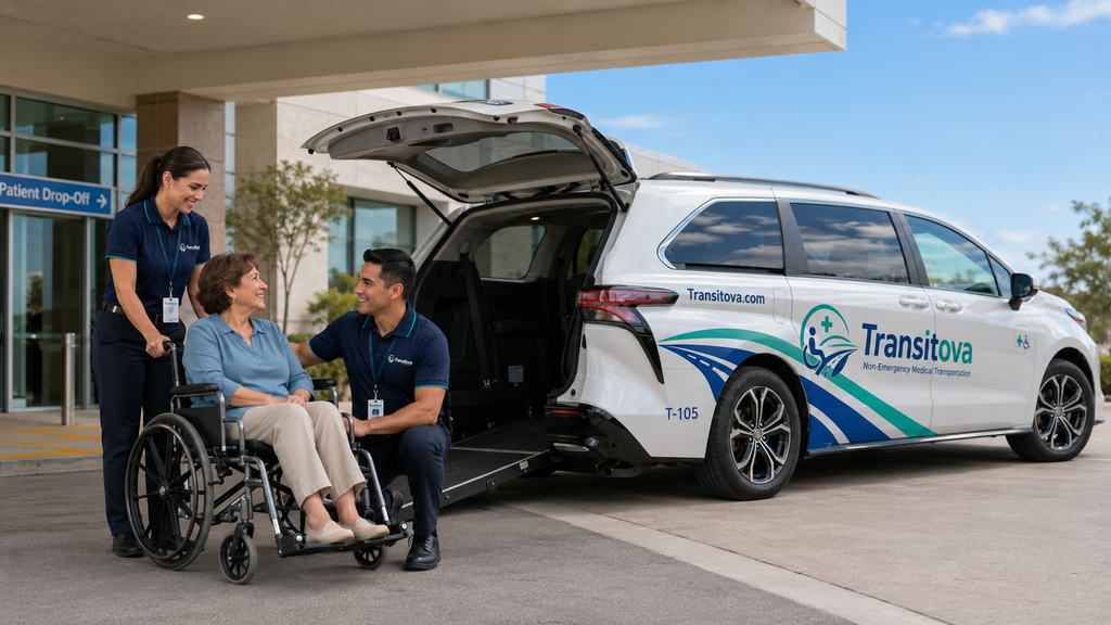 Transitova attendant assisting a passenger into a wheelchair-accessible van