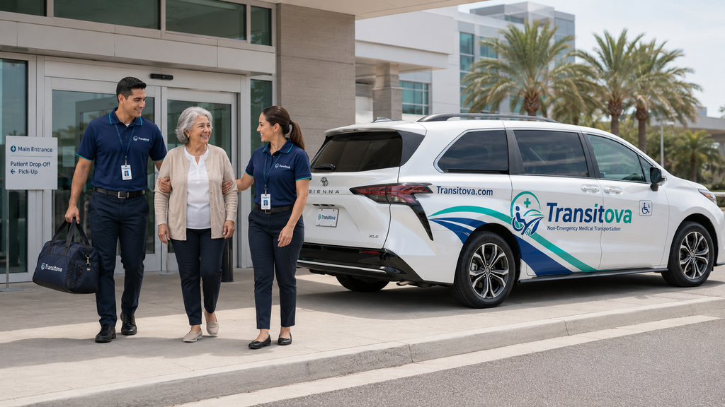 An attendant walking a senior passenger to the accessible van at a hospital entrance
